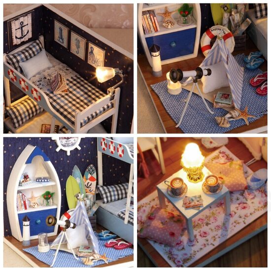 Creative Room DIY Handmade Assembly Doll House Miniature Furniture Kit with LED Light Dust Proof Cover Toy for Kids Birthday Gift Home Decoration Collection