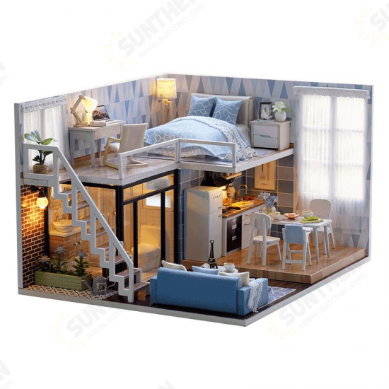 L-023 Blue Time DIY House With Furniture Music Light Cover Miniature Model Gift Decor