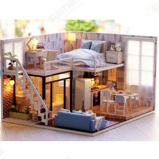 L-023 Blue Time DIY House With Furniture Music Light Cover Miniature Model Gift Decor