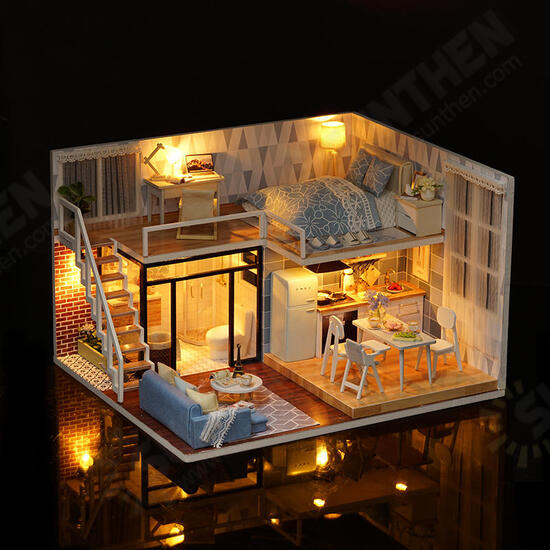 L-023 Blue Time DIY House With Furniture Music Light Cover Miniature Model Gift Decor