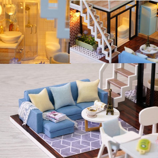 L-023 Blue Time DIY House With Furniture Music Light Cover Miniature Model Gift Decor
