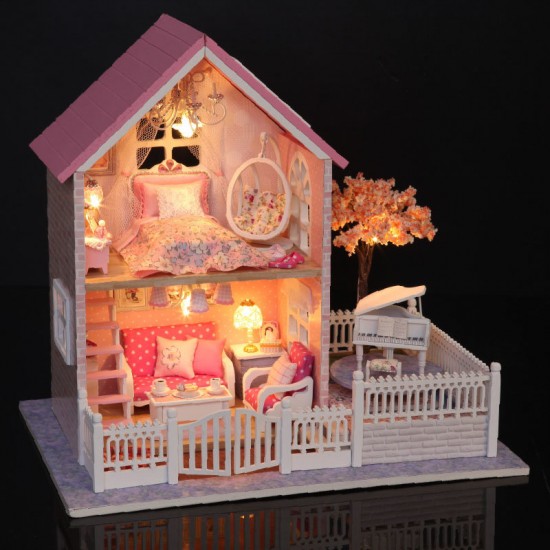 1/24 DIY Wooden Dollhouse Pink Cherry Handmade Decorations Model with LED Light&Music Birthday