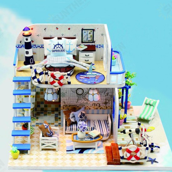 DIY LED Light Coastal Villa Doll House Miniatures Furniture Gift Kit