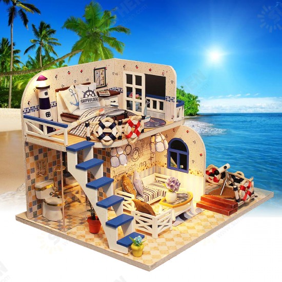 DIY LED Light Coastal Villa Doll House Miniatures Furniture Gift Kit