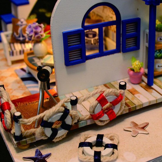 DIY LED Light Coastal Villa Doll House Miniatures Furniture Gift Kit