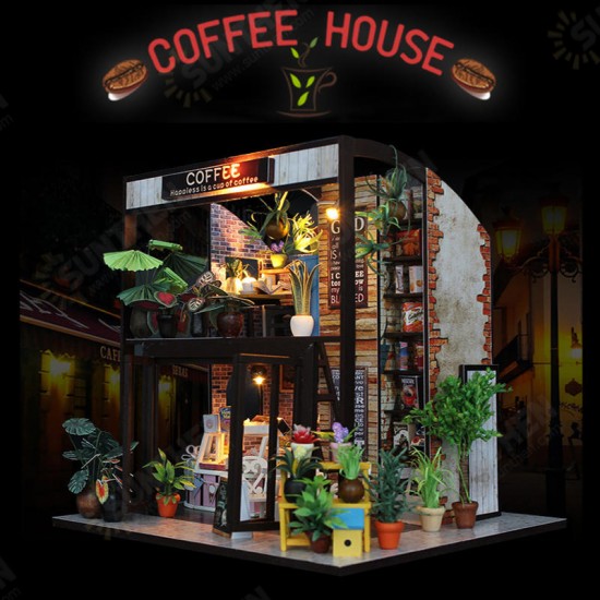 Handcraft DIY Doll House Time Cafe House Wooden Miniature Furniture LED Light Gift