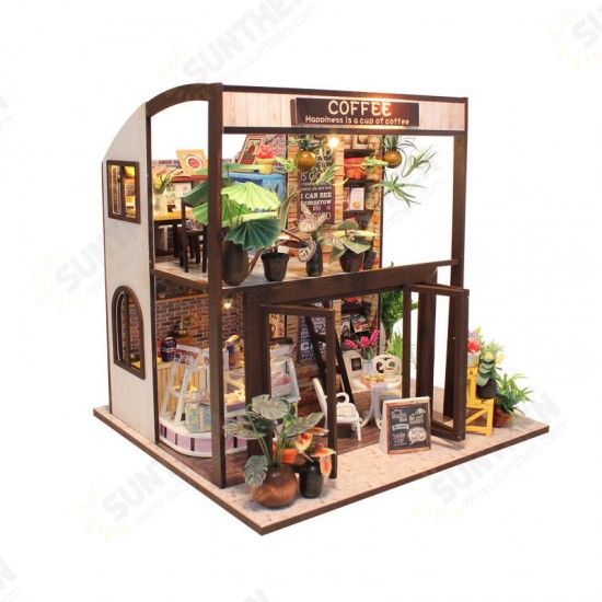 Handcraft DIY Doll House Time Cafe House Wooden Miniature Furniture LED Light Gift