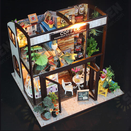 Handcraft DIY Doll House Time Cafe House Wooden Miniature Furniture LED Light Gift