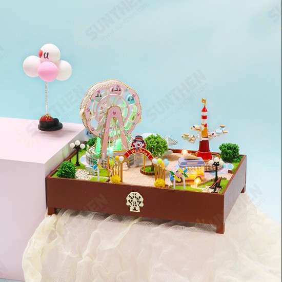 S2131Z Ferris Wheel Amusement Park DIY 3D Hand-assembled Doll House Miniature Furniture Kit with LED Lights Music Rotating Puzzle Toy for Gift Collection House Decoration