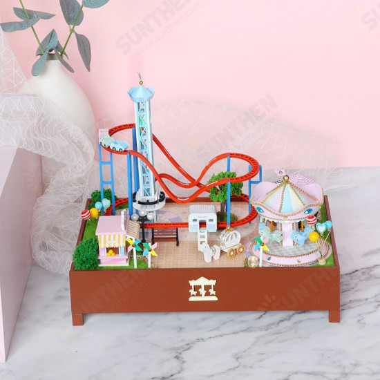 S2132Z Playground Carousel Roller Coasters 3D Hand-assembled Doll House Miniature Furniture Kit with LED Lights Music Rotating Puzzle Toy