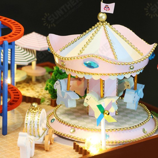 S2132Z Playground Carousel Roller Coasters 3D Hand-assembled Doll House Miniature Furniture Kit with LED Lights Music Rotating Puzzle Toy