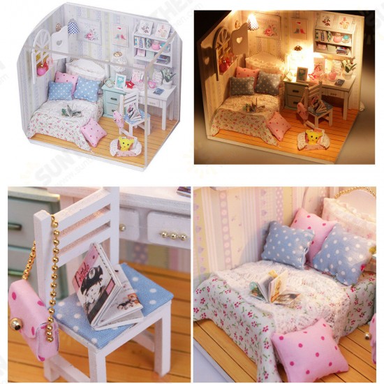 DIY Wood Dollhouse Miniature With LED Furniture Cover Doll House Room