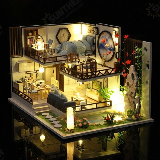 M-029 Chinese Style Wooden DIY Handmade Assemble Doll House Miniature Furniture Kit with LED Effect Toy for Kids Birthday Xmas Gift House Decoration