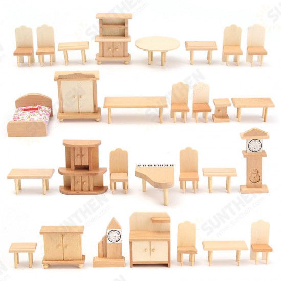 New 29 Pcs 1:24 Scale Dollhouse Miniature Unpainted Wooden Furniture Model Suite