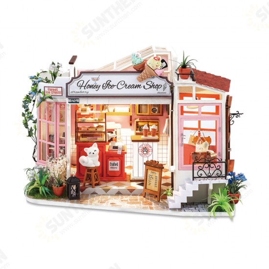 Wooden Flowery Ice Cream Shop DIY Handmade Miniature Doll House with Furnitures LED Lights Toys for Kids Gift