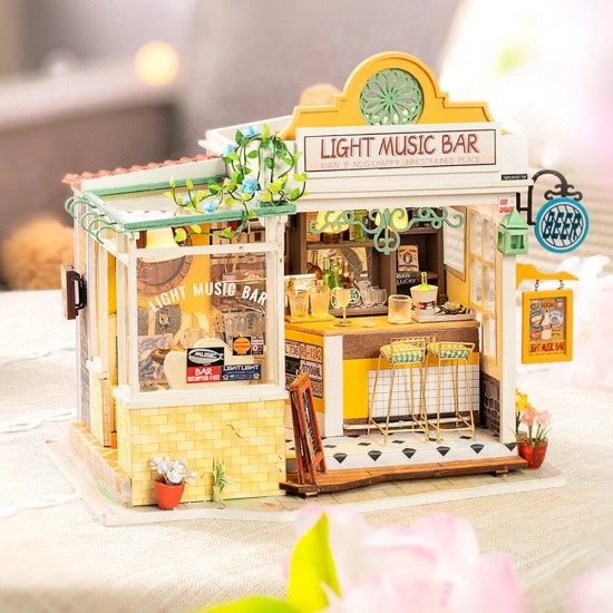Wooden Light Music Bar DIY Handmade Miniature Doll House with Furnitures LED Lights Toys for Kids Gift
