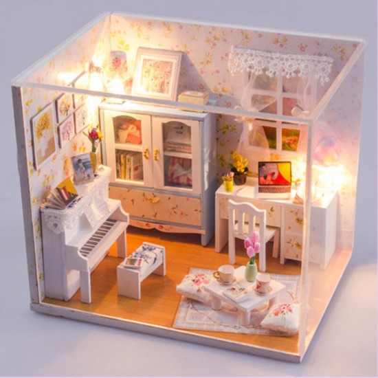 Wooden DIY Handmade Assemble Miniature Doll House Kit Toy with LED Light Dust Cover for Gift Collection Home Decoration