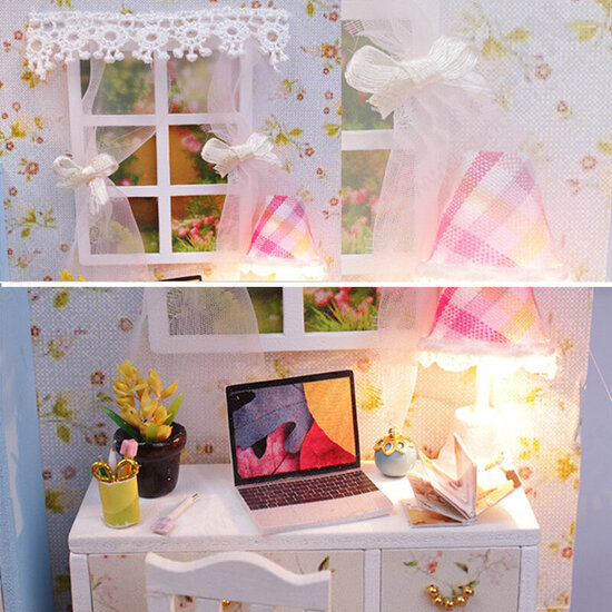 Wooden DIY Handmade Assemble Miniature Doll House Kit Toy with LED Light Dust Cover for Gift Collection Home Decoration