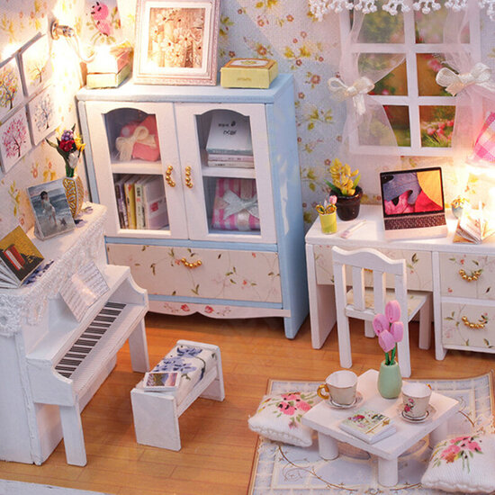 Wooden DIY Handmade Assemble Miniature Doll House Kit Toy with LED Light Dust Cover for Gift Collection Home Decoration