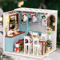 Wooden Dining Room DIY Handmade Assemble Doll House Miniature Furniture Kit Education Toy with LED Light for Collection Birthday Gift Wooden Dining Room DIY Handmade Assemble Doll House Miniature Furniture Kit Education Toy with LED Light for Collection Birthday Gift