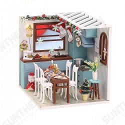Wooden Dining Room DIY Handmade Assemble Doll House Miniature Furniture Kit Education Toy with LED Light for Collection Birthday Gift Wooden Dining Room DIY Handmade Assemble Doll House Miniature Furniture Kit Education Toy with LED Light for Collection Birthday Gift