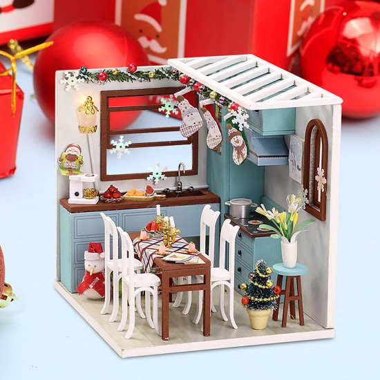 Wooden Dining Room DIY Handmade Assemble Doll House Miniature Furniture Kit Education Toy with LED Light for Collection Birthday Gift