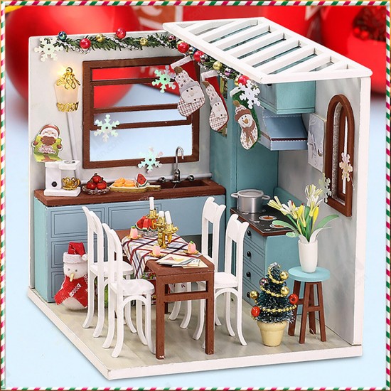 Wooden Dining Room DIY Handmade Assemble Doll House Miniature Furniture Kit Education Toy with LED Light for Collection Birthday Gift