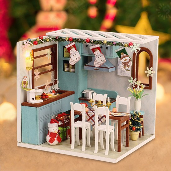 Wooden Dining Room DIY Handmade Assemble Doll House Miniature Furniture Kit Education Toy with LED Light for Collection Birthday Gift