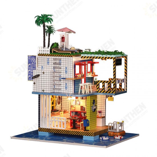 K-038 Doll House DIY Sea Post Station Miniature Furnish With Cover Music Movement Gift Decor Toys