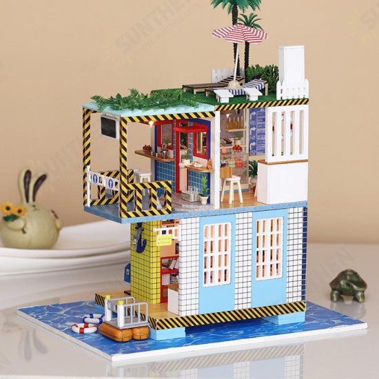 K-038 Doll House DIY Sea Post Station Miniature Furnish With Cover Music Movement Gift Decor Toys