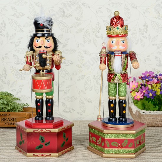 32cm Wooden Music Box Nutcracker Doll Soldier Vintage Handcraft Decoration Christmas Gifts