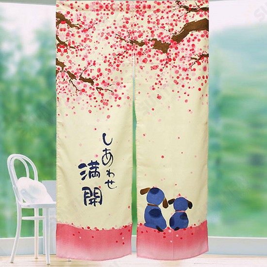 150 x 85cm Romantic Blossom Cherry Sakura and Little Dog Japanese Noren Doorway Curtain