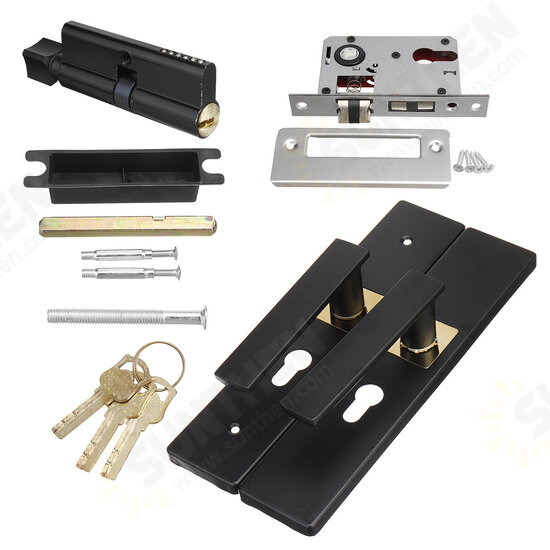 Black Steel Home Door Entry Lever Handle Locks + 3 Keys Set For Indoor Wood Door