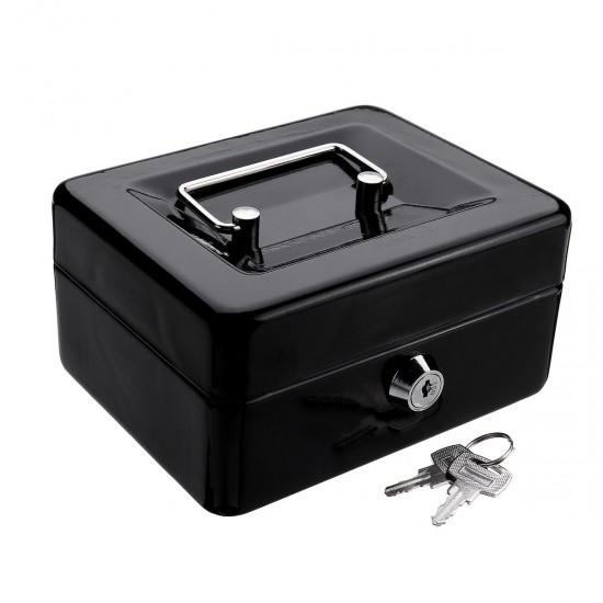 Mini Portable Money Safe Storage Case Black Sturdy Metal With Coin Tray Cash Carry Box