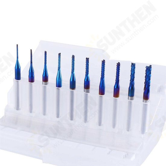 10Pcs 0.8-3mm Blue Nano Coating Engraving Milling Cutter Carbide End Mill CNC Router Bits 1/8 Inch Shank