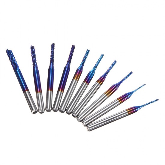 10Pcs 0.8-3mm Blue Nano Coating Engraving Milling Cutter Carbide End Mill CNC Router Bits 1/8 Inch Shank