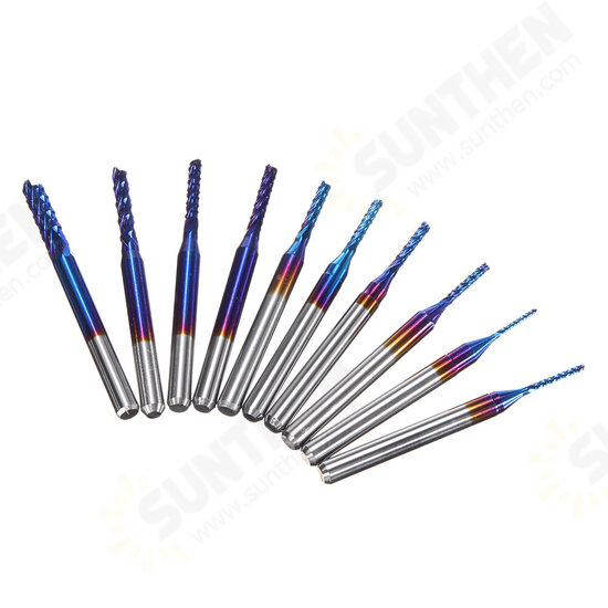 10Pcs 0.8-3mm Blue Nano Coating Engraving Milling Cutter Carbide End Mill CNC Router Bits 1/8 Inch Shank