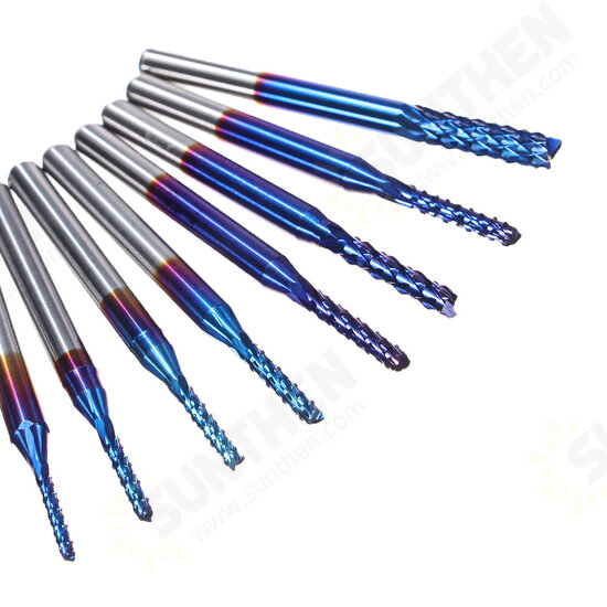 10Pcs 0.8-3mm Blue Nano Coating Engraving Milling Cutter Carbide End Mill CNC Router Bits 1/8 Inch Shank