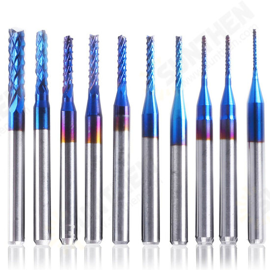 10Pcs 0.8-3mm Blue Nano Coating Engraving Milling Cutter Carbide End Mill CNC Router Bits 1/8 Inch Shank