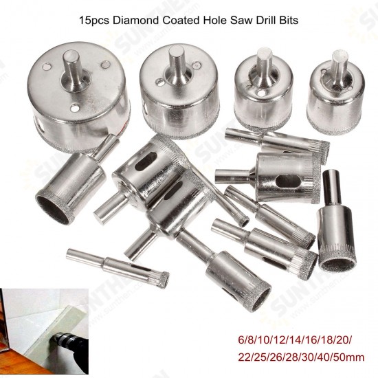 15Pcs 6-50mm Diamond Hole Saw Drill Bit Set 100 Grits Tile Ceramic Glass Marble Drill Bits 15Pcs 6-50mm Diamond Hole Saw Drill Bit Set 100 Grits Tile Ceramic Glass Marble Drill Bits