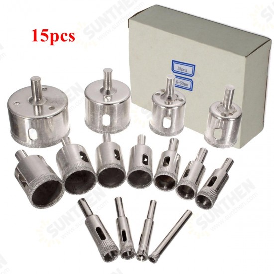 15Pcs 6-50mm Diamond Hole Saw Drill Bit Set 100 Grits Tile Ceramic Glass Marble Drill Bits 15Pcs 6-50mm Diamond Hole Saw Drill Bit Set 100 Grits Tile Ceramic Glass Marble Drill Bits