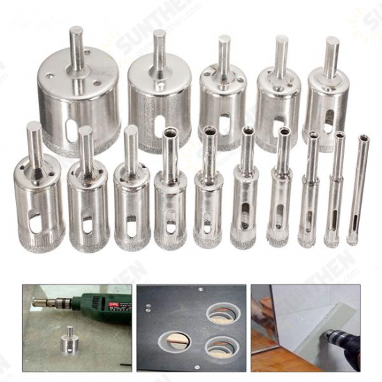 15Pcs 6-50mm Diamond Hole Saw Drill Bit Set 100 Grits Tile Ceramic Glass Marble Drill Bits