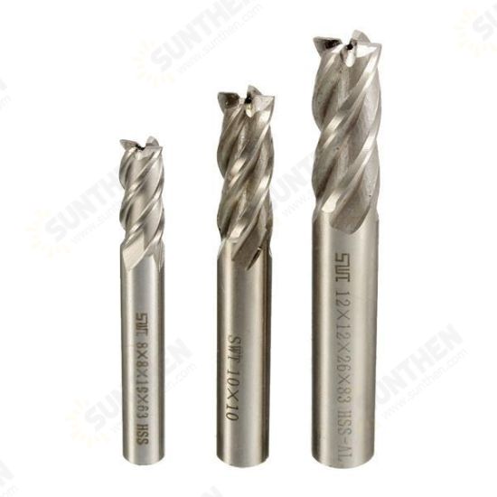 3pcs HSS Straight Shank End Mill Cutter 4 Flute End Mill Cutter 8/10/12mm CNC Tool 3pcs HSS Straight Shank End Mill Cutter 4 Flute End Mill Cutter 8/10/12mm CNC Tool