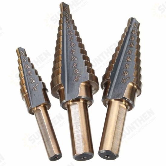 3pcs M7 HSS Step Drill Bit Set 3/16-1/2 1/4-3/4 3/16-7/8 Inch 3pcs M7 HSS Step Drill Bit Set 3/16-1/2 1/4-3/4 3/16-7/8 Inch
