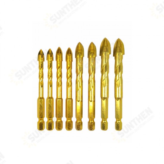 4/6/8Pcs 1/4 Inch Hex Shank Twist Glass Bits Set Titanium Ceramic Drilling 6-12mm Tile Concret Cross Tip Hole Bit