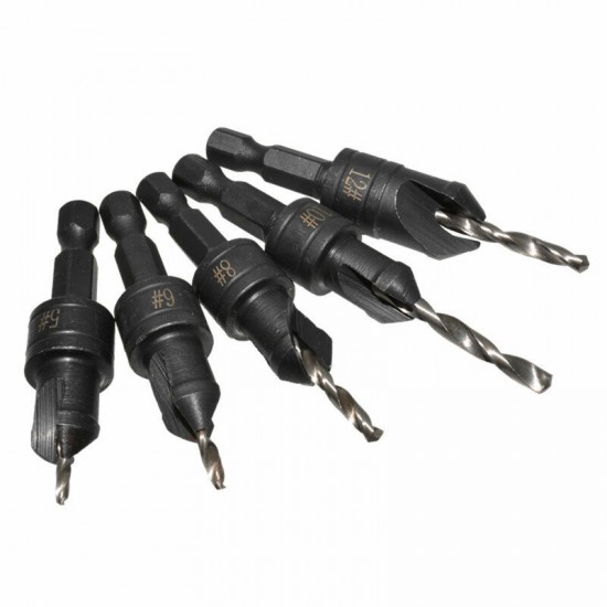 5pcs 82 Degree Countersink Drill Bit Set for Wood Quick Change Chamfered Adjustable Drilling Woodworking Tool