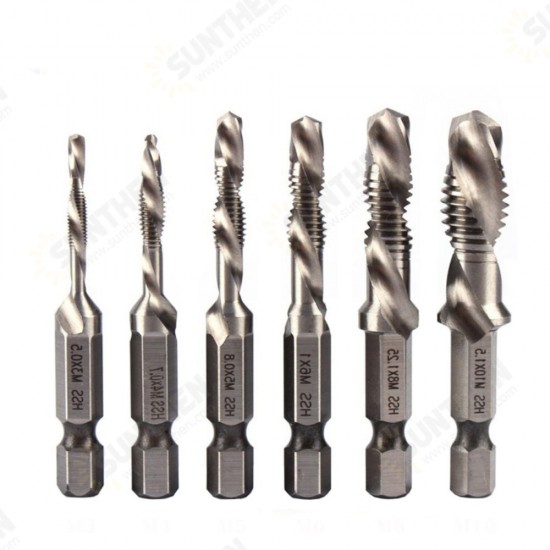 6Pcs 1/4 Inch M3-M10 Screw Tap HSS Combination Drill Tap Bit Set Hex Shank Deburr Countersink Bits