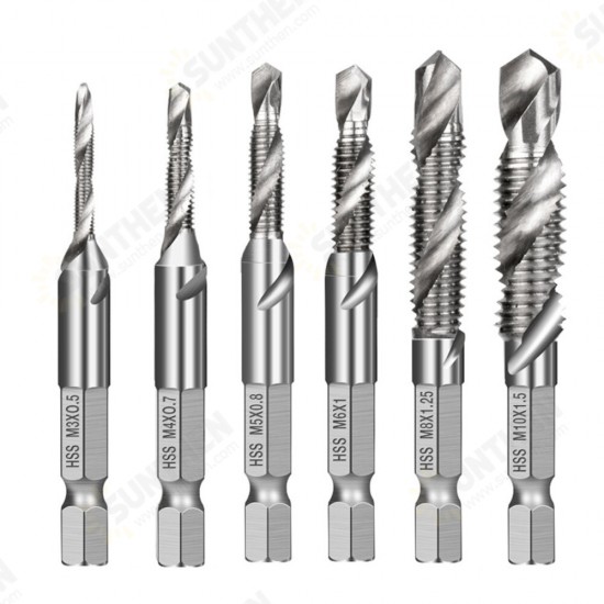 6Pcs 1/4 Inch M3-M10 Screw Tap HSS Combination Drill Tap Bit Set Hex Shank Deburr Countersink Bits