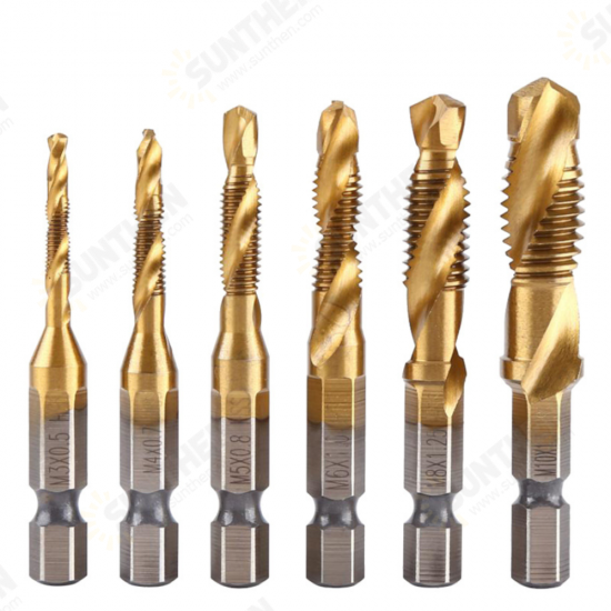 6Pcs 1/4 Inch M3-M10 Screw Tap HSS Combination Drill Tap Bit Set Hex Shank Deburr Countersink Bits