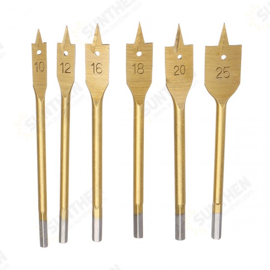 6pcs 10-25mm Flat Spade Wood Drill Hex Shank Woodworking Spade Drill Bit